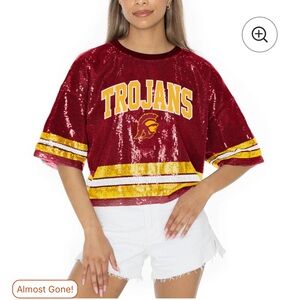 XXL Gameday Couture Cardinal USC Trojans Sequin Cropped Fashion Jersey T-Shirt